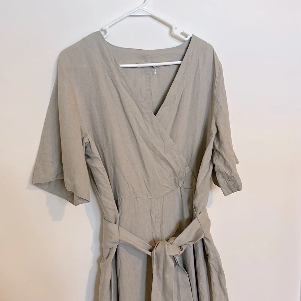 Everlane The Linen Cross Front Green Wrap Jumpsuit